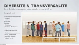 DIVERSITÉ & TRANSVERSALITÉ 
Briser les silos et s’organiser pour travailler en éco-système 
Exemples de profils 
•Ethnographes / Anthopologues 
•Designers 
•Ingénieurs 
•Analystes 
•Juristes 
•Marketeurs 
•Graphistes / Facilitateurs 
3 bénéfices recherchés : 
• Confronter les points de vue 
sur une problématique 
• Approche holistique 
• Réduire le TTM 
mardi 23 septembre 2014 
 