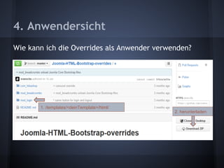 4. Anwendersicht 
Wie kann ich die Overrides als Anwender verwenden? 
1. /templates/<deinTemplate>/html/ 
2. herunterladen 
 