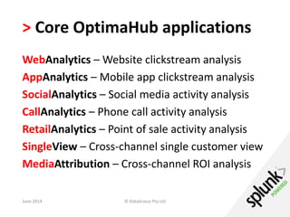 > Core OptimaHub applications 
WebAnalytics – Website clickstream analysis 
AppAnalytics – Mobile app clickstream analysis 
SocialAnalytics – Social media activity analysis 
CallAnalytics – Phone call activity analysis 
RetailAnalytics – Point of sale activity analysis 
SingleView – Cross-channel single customer view 
MediaAttribution – Cross-channel ROI analysis 
June 2014 © Datalicious Pty Ltd 121 
 