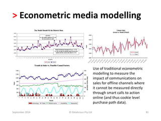 > Econometric media modelling 
Use of traditional econometric 
modelling to measure the 
impact of communications on 
sales for offline channels where 
it cannot be measured directly 
through smart calls to action 
online (and thus cookie level 
purchase path data). 
September 2014 © Datalicious Pty Ltd 81 
 