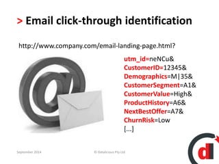 > Email click-through identification 
http://www.company.com/email-landing-page.html? 
utm_id=neNCu& 
CustomerID=12345& 
Demographics=M|35& 
CustomerSegment=A1& 
CustomerValue=High& 
ProductHistory=A6& 
NextBestOffer=A7& 
ChurnRisk=Low 
[...] 
September 2014 © Datalicious Pty Ltd 84 
 