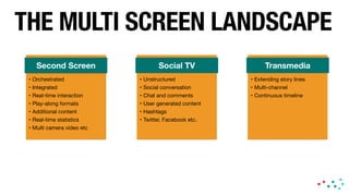 THE MULTI SCREEN LANDSCAPE 
Second Screen Social TV Transmedia 
• Orchestrated 
• Unstructured 
• Extending story lines 
• Integrated 
• Social conversation 
• Multi-channel 
• Real-time interaction 
• Chat and comments 
• Continuous timeline 
• Play-along formats 
• User generated content 
• Additional content 
• Hashtags 
• Real-time statistics 
• Twitter, Facebook etc. 
• Multi camera video etc 
 