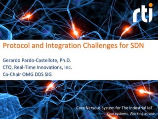 Your systems. Working as one. 
Pardo‐Real‐Co‐Protocol and Integration Challenges for SDN 
Gerardo Pardo Pardo‐‐Castellote Castellote, Ph.D. 
, CTO, Real Real‐‐Time Innovations, Inc. 
Co Co‐‐Chair OMG DDS SIG 
Core Nervous System for The Industrial IoT  