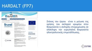 HARDALT (FP7) 
Στόχος του έργου είναι η μείωση της 
χρήσης του σκληρού χρωμίου στην 
βοομηχανία η σκληρής επιχρωμίωσης σε 
ολόκληρη την ευρωπαϊκή βιομηχανία 
ηλεκτρολυτικής επιμετάλλωσης. 
 