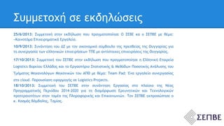 Συμμετοχή σε εκδηλώσεις 
25/6/2013: Συμμετοχή στην εκδήλωση που πραγματοποίησε Ο ΣΕΒΕ κα ο ΣΕΠΒΕ με θέμα: 
«Καινοτόμα Επιχειρηματικά Εργαλεία. 
10/9/2013: Συνάντηση του ΔΣ με τον οικονομικό σύμβουλο της πρεσβείας της Ουγγαρίας για 
τη συνεργασία των ελληνικών επιχειρήσεων ΤΠΕ με αντίστοιχες επιχειρήσεις της Ουγγαρίας. 
17/10/2013: Συμμετοχή του ΣΕΠΒΕ στην εκδήλωση που πραγματοποίησε η Ελληνική Εταιρεία 
Logistics Βορείου Ελλάδος και το Εργαστήριο Στατιστικής & Μεθόδων Ποσοτικής Ανάλυσης του 
Τμήματος Μηχανολόγων Μηχανικών του ΑΠΘ με θέμα: Team Pad: Ένα εργαλείο συνεργασίας 
στο cloud. Παρουσίαση εφαρμογής σε Logistics Projects. 
18/10/2013: Συμμετοχή του ΣΕΠΒΕ στην συνάντηση Εργασίας στο πλαίσιο της Νέας 
Προγραμματικής Περιόδου 2014-2020 για τη διαμόρφωση Ερευνητικών και Τεχνολογικών 
προτεραιοτήτων στον τομέα της Πληροφορικής και Επικοινωνιών. Τον ΣΕΠΒΕ εκπροσώπησε ο 
κ. Κοσμάς Βάμβαλης, Ταμίας. 
 