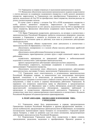 20
7.8. Учреждение не вправе отказаться от выполнения муниципального задания.
7.9. Финансовое обеспечение выполнения муниципального задания осуществляется
с учетом расходов на содержание недвижимого имущества и особо ценного движимого
имущества, закрепленных за Учреждением или приобретенных Учреждением за счет
средств, выделенных ей Гор УО на приобретение такого имущества, включая расходы на
уплату соответствующих налогов.
В случае сдачи в аренду с согласия Гор УО и КУИ недвижимого имущества и
особо ценного движимого имущества, закрепленного за Учреждением или
приобретенного Учреждением за счет средств, выделенных ему Гор УО на приобретение
такого имущества, финансовое обеспечение содержания такого имущества Гор УО не
осуществляется.
7.10. Право Учреждения осуществлять деятельность, на которую в соответствии с
законодательством Российской Федерации требуется специальное разрешение–лицензия,
возникает у Учреждения с момента ее получения или в указанный в ней срок и
прекращается по истечении срока ее действия, если иное не установлено действующим
законодательством.
7.11. Учреждение обязано осуществлять свою деятельность в соответствии с
законодательством об образовании, в том числе:
обеспечивать своевременно и в полном объеме выплату работникам заработной
платы и иных выплат,
обеспечивать своим работникам безопасные условия труда,
обеспечивать гарантированные условия труда и меры социальной защиты своих
работников,
осуществлять мероприятия по гражданской обороне и мобилизационной
подготовке в соответствии с действующим законодательством,
хранить предусмотренные действующим законодательством документы,
обеспечивать сохранность, надлежащее содержание и использование, ремонт
принадлежащего Учреждению имущества,
обеспечивать выполнение иных обязательств, предусмотренных действующим
законодательством, настоящим Уставом, заключенными Учреждением договорами.
7.12. Учреждение несет ответственность, в установленном законодательством
Российской Федерации порядке, за невыполнение или ненадлежащее выполнение
функций, отнесенных к ее компетенции, за реализацию не в полном объеме
образовательных программ в соответствии с учебным планом, качество образования своих
выпускников, а также за жизнь и здоровье обучающихся, работников Учреждения. За
нарушение или незаконное ограничение права на образование и предусмотренных
законодательством об образовании прав и свобод обучающихся, родителей (законных
представителей) несовершеннолетних обучающихся, нарушение требований к
организации и осуществлению образовательной деятельности Учреждения и ее
должностные лица несут административную ответственность в соответствии с Кодексом
Российской Федерации об административных правонарушениях.
8. РЕОРГАНИЗАЦИЯ, ЛИКВИДАЦИЯ И ИЗМЕНЕНИЕ ТИПА
УЧРЕЖДЕНИЯ
8.1. Учреждение может быть реорганизовано в порядке, предусмотренном
Гражданским кодексом Российской Федерации и другими федеральными законами, с
учетом особенностей, предусмотренных законодательством об образовании, на основании
постановления Администрации города Таганрога по согласованию с Городской Думой
города Таганрога, а также по решению суда или иным основаниям, предусмотренным
действующим законодательством Российской Федерации.
8.2. Реорганизация Учреждения может быть осуществлена в форме слияния,
присоединения, разделения, выделения и преобразования. Принятие решения о
 