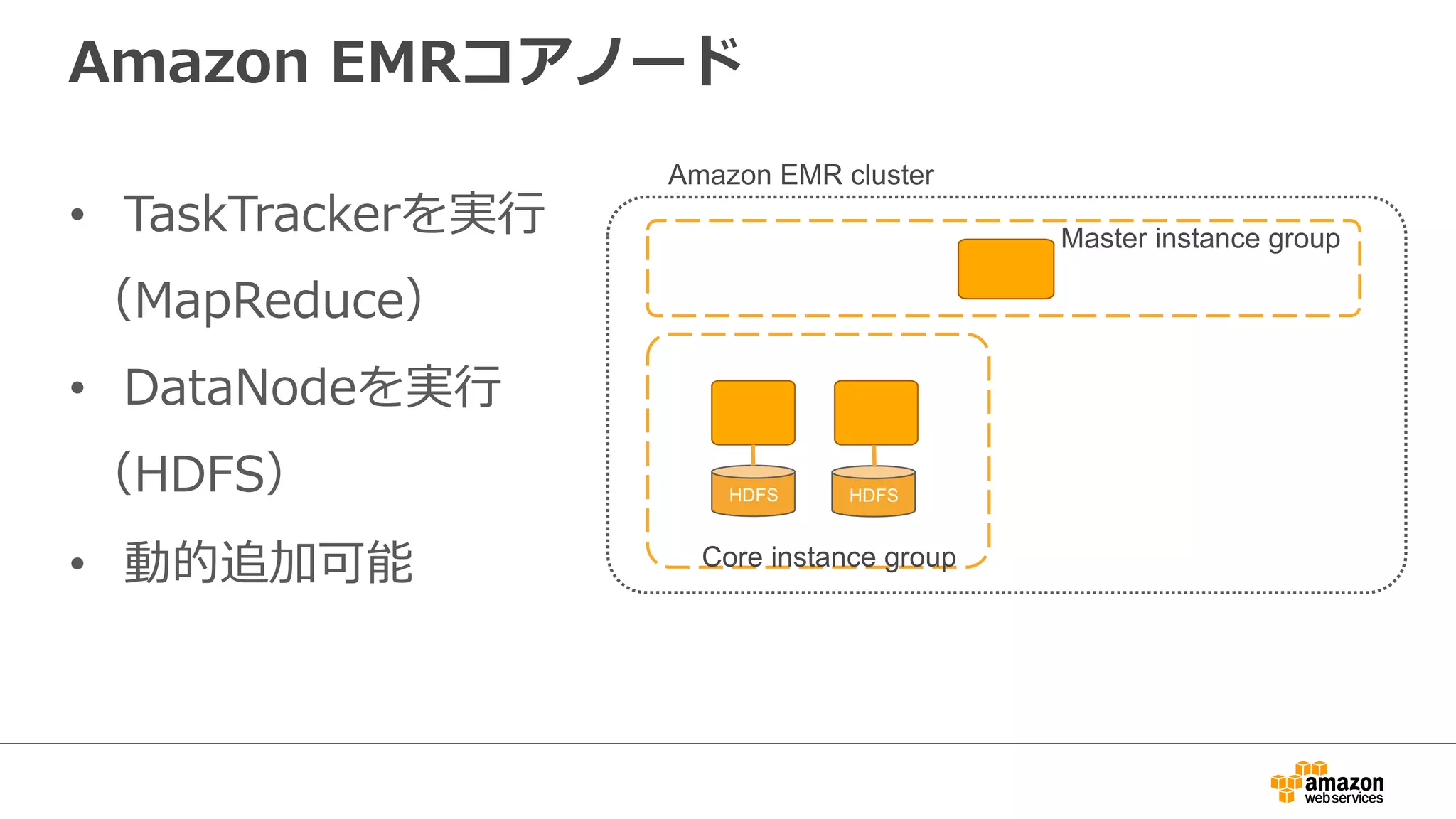 Amazon EMRコアノード 
• TaskTrackerを実⾏行行 
（MapReduce） 
• DataNodeを実⾏行行 
（HDFS） 
• 動的追加可能 
Master instance group 
Amazon EMR cluster 
HDFS HDFS 
Core instance group 
 
