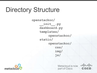 Directory Structure 
openstackoc/ 
__init__.py 
dashboard.py 
templates/ 
openstackoc/ 
static/ 
openstackoc/ 
css/ 
img/ 
js/ 
 