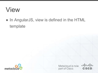 View 
● In AngularJS, view is defined in the HTML 
template 
 