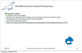 MariaDB Features to benefit Drupal users 
GIS precise support 
• in MySQL was only drafted 
• MySQL has OpenGIS SFS it allows you to find the minimum boundary region 
• MariaDB has full OpenGIS support inside MariaDB 
• SQL with full geometry types 
• https://mariadb.com/kb/en/mariadb/documentation/gis-functionality/gis-features-in-533/ 
09/25/14 © 
MariaDB 
Corpora,on 
Ab. 
Company 
Confiden,al. 
13 
Thursday, 2 October 2014 
 