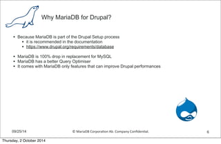 Why MariaDB for Drupal? 
• Because MariaDB is part of the Drupal Setup process 
• it is recommended in the documentation 
• https://www.drupal.org/requirements/database 
• MariaDB is 100% drop in replacement for MySQL 
• MariaDB has a better Query Optimiser 
• It comes with MariaDB only features that can improve Drupal performances 
09/25/14 © 
MariaDB 
Corpora,on 
Ab. 
Company 
Confiden,al. 
6 
Thursday, 2 October 2014 
 
