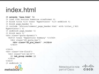 index.html 
{% extends 'base.html' %} 
{% load i18n horizon humanize sizeformat %} 
{% block title %}{% trans 'Hypervisors' %}{% endblock %} 
{% block page_header %} 
{% include 'horizon/common/_page_header.html' with title=_('All 
Hypervisors') %} 
{% endblock page_header %} 
{% block main %} 
<div class="quota-dynamic"> 
<h3>{% trans "Hypervisor Summary" %}</h3> 
<div class="d3_quota_bar"> 
<div class="d3_pie_chart" …></div> 
</div> 
… 
</div> 
<div class="row-fluid"> 
<div class="col-sm-12"> 
{{ tab_group.render }} 
</div> 
</div> 
{% endblock %} 
 