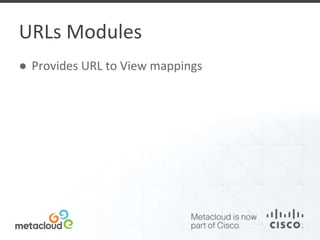 URLs Modules 
● Provides URL to View mappings 
 