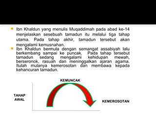  Ibn Khaldun yang menulis Muqaddimah pada abad ke-14
menjelaskan sesebuah tamadun itu melalui tiga tahap
utama. Pada tahap akhir, tamadun tersebut akan
mengalami kemusnahan.
 Ibn Khaldun bermula dengan semangat assabiyah lalu
berkembang sampai ke puncak. Pada tahap tersebut
tamadun sedang mengalami kehidupan mewah,
berseronok, rasuah dan meninggalkan ajaran agama.
Itulah mulanya kemerosotan dan membawa kepada
kehancuran tamadun.
TAHAP
AWAL
KEMUNCAK
KEMEROSOTAN
 