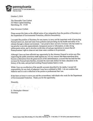 PA DEP Sec. Chris Abruzzo Resignation Letter
