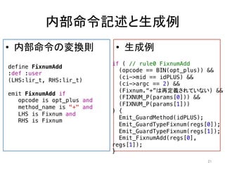 内部命令記述と生成例 
• 生成例 
• 内部命令の変換則 
21 
define FixnumAdd! 
:def :user! 
(LHS:lir_t, RHS:lir_t)! 
! 
emit FixnumAdd if! 
opcode is opt_plus and! 
method_name is "+" and! 
LHS is Fixnum and! 
RHS is Fixnum! 
! 
if ( // rule0 FixnumAdd! 
(opcode == BIN(opt_plus)) &&! 
(ci->mid == idPLUS) &&! 
(ci->argc == 2) &&! 
(Fixnum.“+”は再定義されていない) &&! 
(FIXNUM_P(params[0])) &&! 
(FIXNUM_P(params[1]))! 
) {! 
Emit_GuardMethod(idPLUS);! 
Emit_GuardTypeFixnum(regs[0]);! 
Emit_GuardTypeFixnum(regs[1]);! 
Emit_FixnumAdd(regs[0], 
regs[1]);! 
} 
 