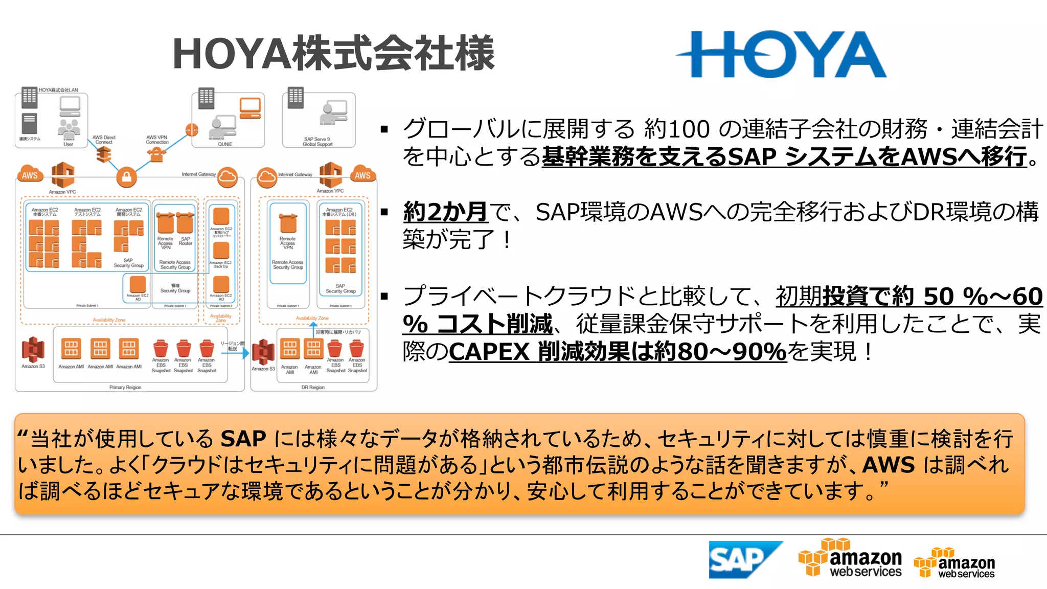 HOYA株式会社様 
§ グローバルに展開する 約100 の連結⼦子会社の財務・連結会計 
を中⼼心とする基幹業務を⽀支えるSAP システムをAWSへ移⾏行行。§ 約2か⽉月で、SAP環境のAWSへの完全移⾏行行およびDR環境の構 
築が完了了！ 
§ プライベートクラウドと⽐比較して、初期投資で約 50 %〜～60 
% コスト削減、従量量課⾦金金保守サポートを利利⽤用したことで、実 
際のCAPEX 削減効果は約80〜～90％を実現！ 
“ᙜ♫䛜౑⏝䛧䛶䛔䜛㻌SAP 䛻䛿ᵝ䚻䛺䝕䞊䝍䛜᱁⣡䛥䜜䛶䛔䜛䛯䜑䚸䝉䜻䝳䝸䝔䜱䛻ᑐ䛧䛶䛿ៅ㔜䛻᳨ウ䜢⾜ 
䛔䜎䛧䛯䚹䜘䛟䛂䜽䝷䜴䝗䛿䝉䜻䝳䝸䝔䜱䛻ၥ㢟䛜䛒䜛䛃䛸䛔䛖㒔ᕷఏㄝ䛾䜘䛖䛺ヰ䜢⪺䛝䜎䛩䛜䚸AWS 䛿ㄪ䜉䜜 
䜀ㄪ䜉䜛䜋䛹䝉䜻䝳䜰䛺⎔ቃ䛷䛒䜛䛸䛔䛖䛣䛸䛜ศ䛛䜚䚸Ᏻᚰ䛧䛶฼⏝䛩䜛䛣䛸䛜䛷䛝䛶䛔䜎䛩䚹䇿 
 