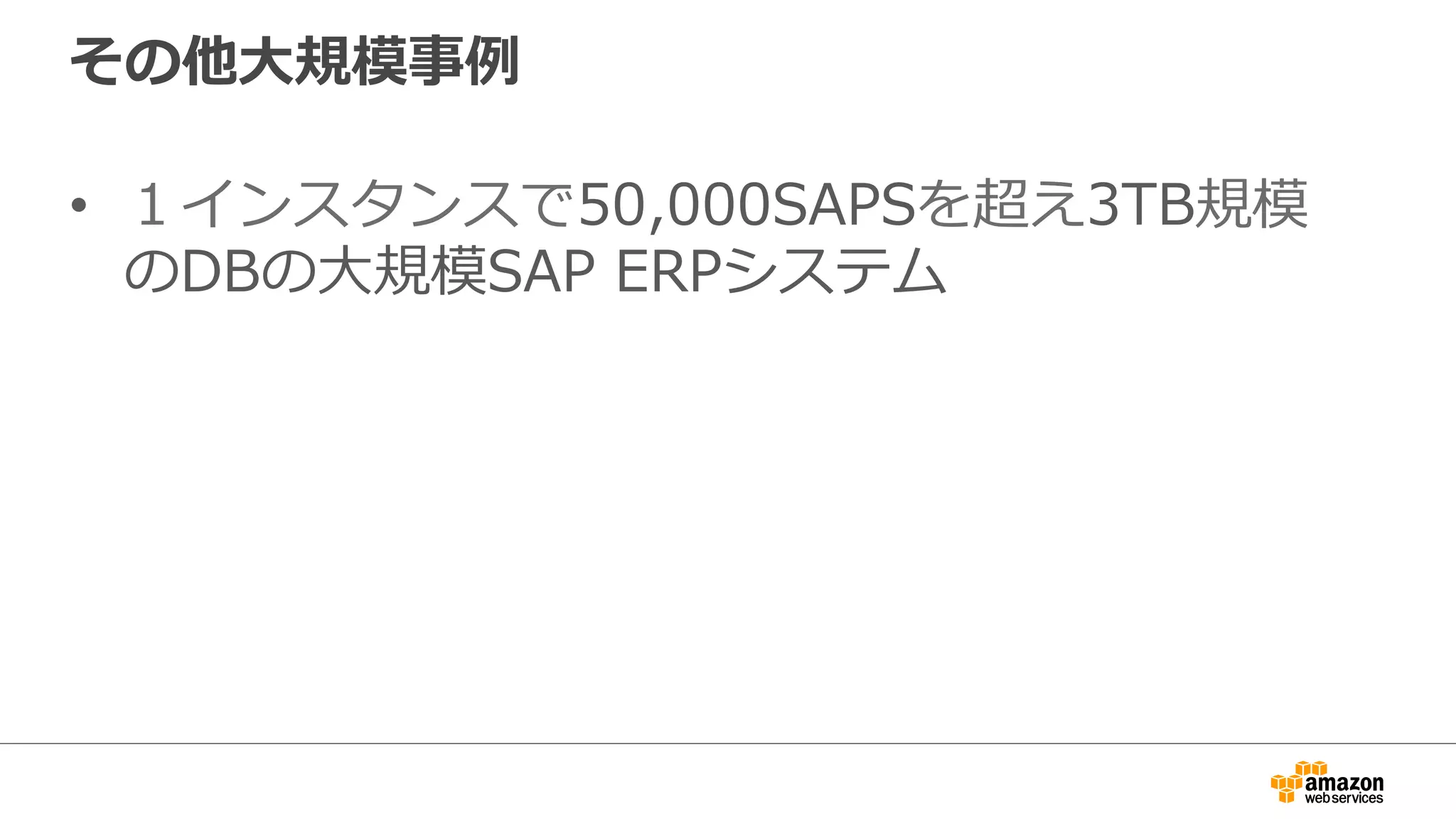 その他⼤大規模事例例 
• １インスタンスで50,000SAPSを超え3TB規模 
のDBの⼤大規模SAP ERPシステム 
 