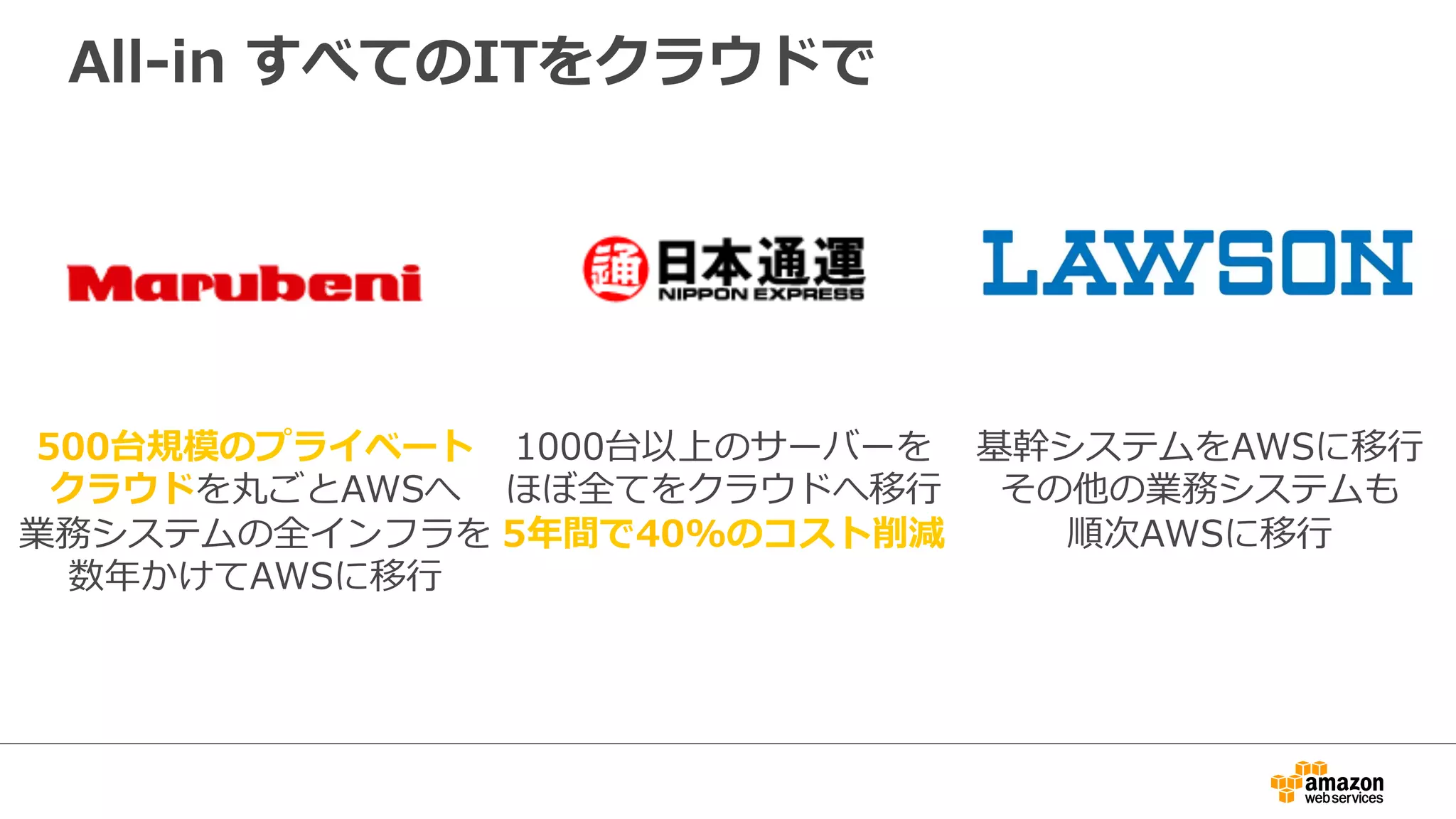 All-‐‑‒in すべてのITをクラウドで 
1000台以上のサーバーを 
ほぼ全てをクラウドへ移⾏行行 
5年年間で40%のコスト削減 
500台規模のプライベート 
クラウドを丸ごとAWSへ 
業務システムの全インフラを 
数年年かけてAWSに移⾏行行 
基幹システムをAWSに移⾏行行 
その他の業務システムも 
順次AWSに移⾏行行 
 