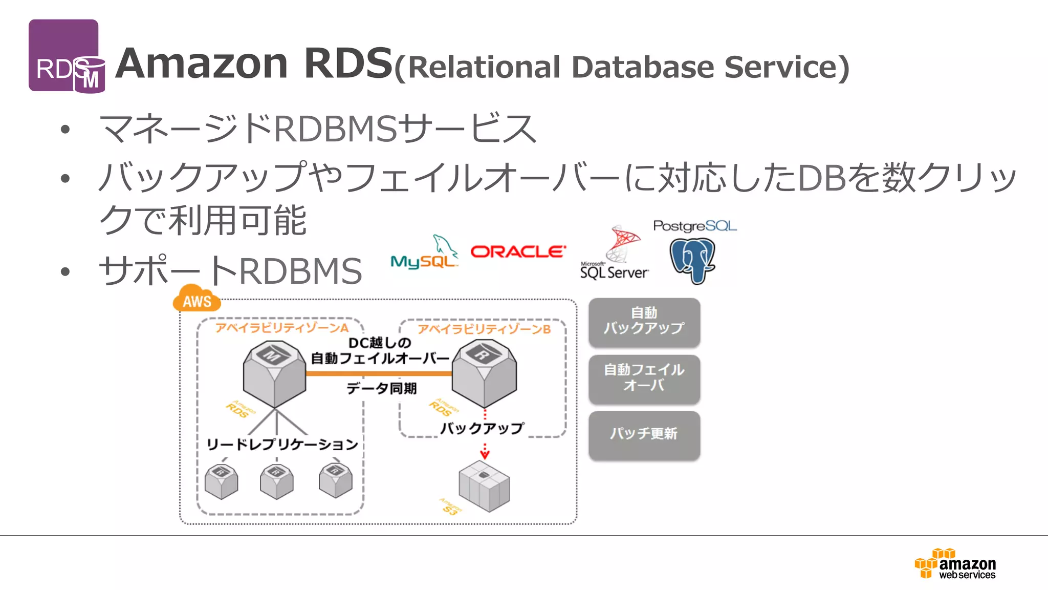 Amazon RDS(Relational Database Service)
• マネージドRDBMSサービス
• バックアップやフェイルオーバーに対応したDBを数クリッ
クで利用可能
• サポートRDBMS
RDS
 