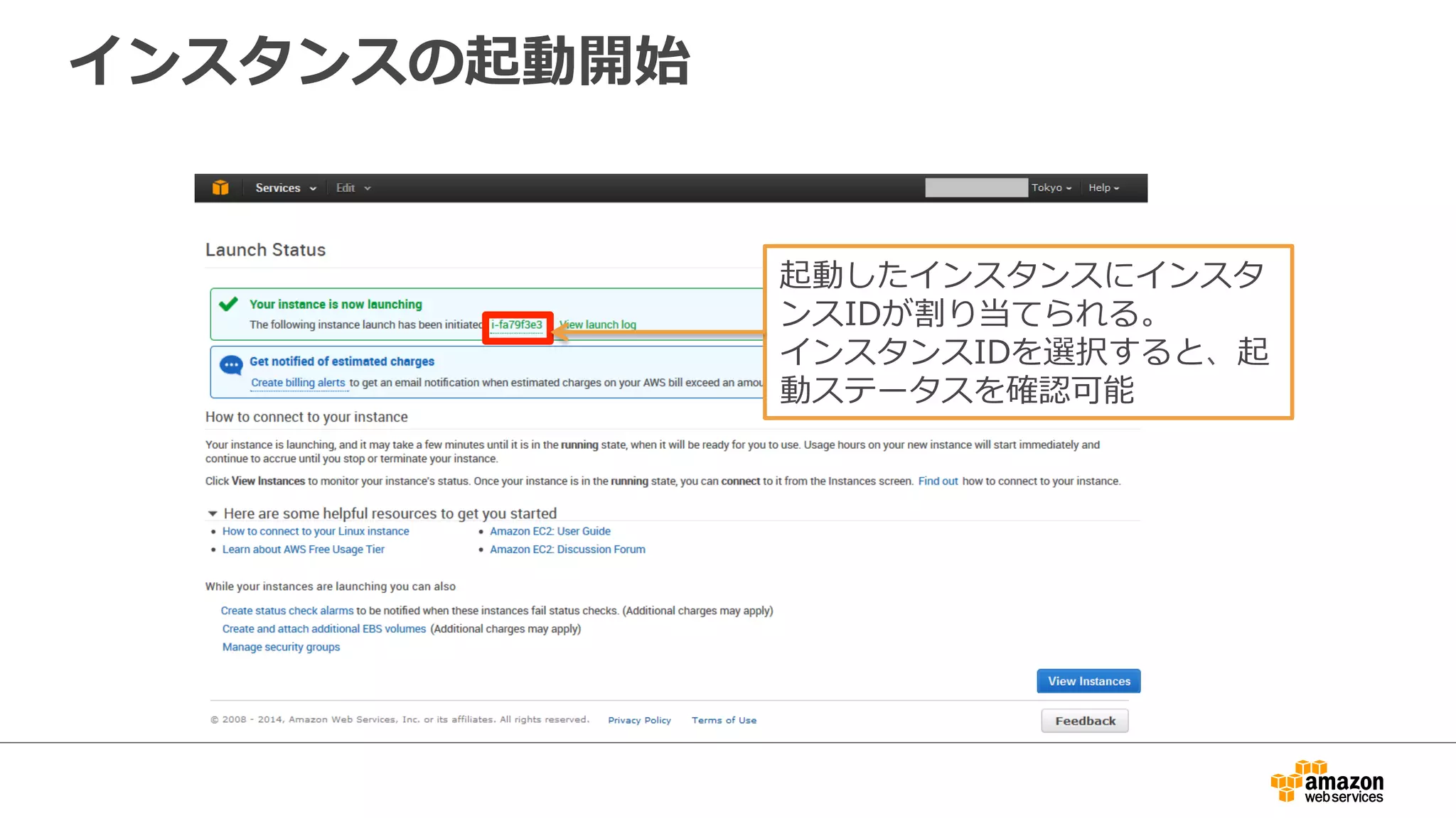インスタンスの起動開始
起動したインスタンスにインスタ
ンスIDが割り当てられる。
インスタンスIDを選択すると、起
動ステータスを確認可能
 