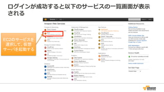 ログインが成功すると以下のサービスの一覧画面が表示
される
EC2のサービスを
選択して、仮想
サーバを起動する
 