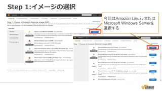Step 1:イメージの選択
今回はAmazon Linux、または
Microsoft Windows Serverを
選択する
 