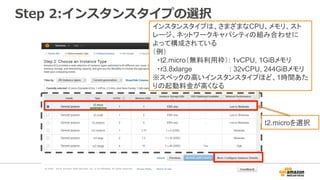 Step 2:インスタンスタイプの選択
インスタンスタイプは、さまざまなCPU、メモリ、スト
レージ、ネットワークキャパシティの組み合わせに
よって構成されている
（例）
・t2.micro（無料利用枠）: 1vCPU, 1GiBメモリ
・r3.8xlarge : 32vCPU, 244GiBメモリ
※スペックの高いインスタンスタイプほど、1時間あた
りの起動料金が高くなる
t2.microを選択
 