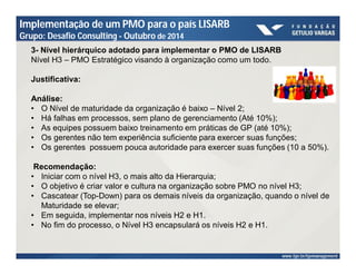 Implementação de um PMO para o país LISARB 
Grupo: Desafio Consulting - Outubro de 2014 
3- Nível hierárquico adotado para implementar o PMO de LISARB 
Nível H3 – PMO Estratégico visando à organização como um todo. 
Justificativa: 
Análise: 
• O Nível de maturidade da organização é baixo – Nível 2; 
• Há falhas em processos, sem plano de gerenciamento (Até 10%); 
• As equipes possuem baixo treinamento em práticas de GP (até 10%); 
• Os gerentes não tem experiência suficiente para exercer suas funções; 
• Os gerentes possuem pouca autoridade para exercer suas funções (10 a 50%). 
Recomendação: 
• Iniciar com o nível H3, o mais alto da Hierarquia; 
• O objetivo é criar valor e cultura na organização sobre PMO no nível H3; 
• Cascatear (Top-Down) para os demais níveis da organização, quando o nível de 
Maturidade se elevar; 
• Em seguida, implementar nos níveis H2 e H1. 
• No fim do processo, o Nível H3 encapsulará os níveis H2 e H1. 
 