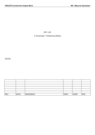 PROJETO Condomínio Virgem Maria MA - Mapa de Aquisições 
RFP - 461 
4.1Construção > Infraestrutura Básica 
NOTAS: 
REV. DATA DESCRIÇÃO EXEC. VERIF. APR. 
 