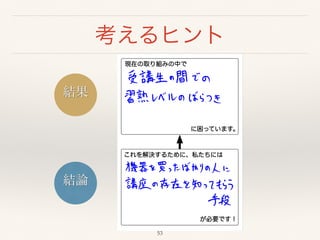 考えるヒント 
結果 
結論 
53 
 