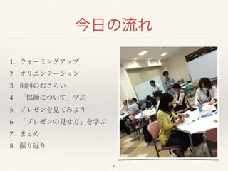 今日の流れ 
1. ウォーミングアップ! 
2. オリエンテーション! 
3. 前回のおさらい! 
4. 「協働について」学ぶ! 
5. プレゼンを見てみよう! 
6. 「プレゼンの見せ方」を学ぶ! 
7. まとめ! 
8. 振り返り 
6 
 