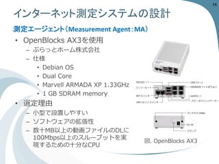 インターネット測定システムの設計 
測定エージェント（Measurement Agent：MA） 
•OpenBlocksAX3を使用 
–ぷらっとホーム株式会社 
–仕様 
•DebianOS 
•Dual Core 
•Marvell ARMADA XP 1.33GHz 
•1 GB SDRAM memory 
•選定理由 
–小型で設置しやすい 
–ソフトウェアの拡張性 
–数十MB以上の動画ファイルのDLに 100Mbps以上のスループットを実 現するための十分なCPU 
図. OpenBlocksAX3 
16 
 