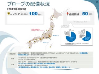 17 
実施内容 
OCN利用者数の多い都道府県を優先的に測定。NTTコムチェオのCAVAスタッフの協力のもと、30都道府県、 
計100ヵ所以上の一般宅での計測を開始。 
課題 
・一般宅ならではの計測トラブル（生活環境での機器切断等） 
・サービス・地域の網羅性 
今後 
計測トラブル・設定ミスなど、測定に異常がある場合に検出できる仕組みづくり・体制作り →チェックツールなどシステム化対応による管理の簡易化 
販売部門の戦略を踏まえた計測拠点の追加検討 →計測範囲の拡大と優先順位づけ（IPv6対応、競合状況、網羅性、海外等々…） 
プローブの配備状況 
フレッツ光ネクスト 
ファミリー・ハイスピードタイプ（NTT東日本） 
ファミリー･スーパーハイスピードタイプ隼（NTT西日本） 
他社回線 
100 
50 
拠点 
拠点 
BIGLOBE 
asahi-net 
Plala 
so-net 
Nifty 
Yahoo BB！(v4) 
+アメリカ(Comcast、AT&T） 
※実際の配置場所を 
日本地図上に表示しています 
西日本エリア 
東日本エリア 
その他 
76万件5.9% 
KDDI 
211万件 
16.4% 
NTT東日本 
998万件 
77.7% 
光回線事業者の東西エリア別加入者数（2013年9月末） 
～ICT総研発表資料より～ 
NTT西日本 
869万件 
65.9% 
KDDI 
99万件 
8.5% 
ケイオプティコム 
144万件 
12.4% 
シェアが大きいサー ビスを中心に選定 
【2013年度実施】  