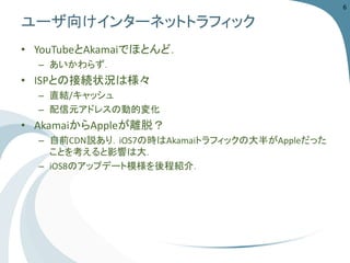 ユーザ向けインターネットトラフィック 
•YouTubeとAkamaiでほとんど． 
–あいかわらず． 
•ISPとの接続状況は様々 
–直結/キャッシュ 
–配信元アドレスの動的変化 
•AkamaiからAppleが離脱？ 
–自前CDN説あり．iOS7の時はAkamaiトラフィックの大半がAppleだった ことを考えると影響は大． 
–iOS8のアップデート模様を後程紹介． 
6 
 