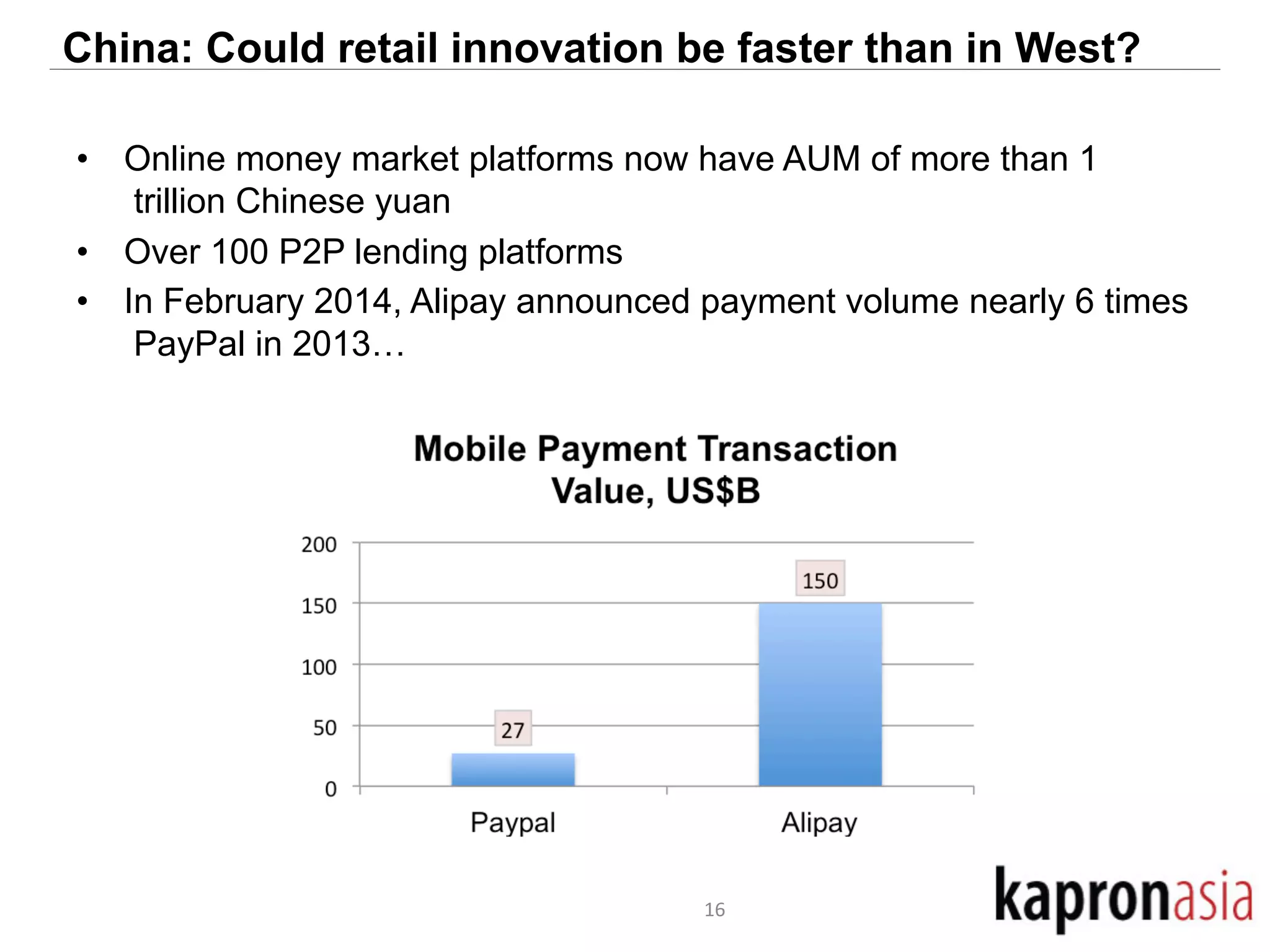 China: Could retail innovation be faster than in West? 
• Online money market platforms now have AUM of more than 1 
trillion Chinese yuan 
• Over 100 P2P lending platforms 
• In February 2014, Alipay announced payment volume nearly 6 times 
PayPal in 2013… 
16 
 