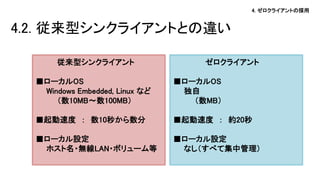 4. ゼロクライアントの採用 
4.2. 従来型シンクライアントとの違い 
従来型シンクライアント 
■ローカルOS 
Windows Embedded, Linux など 
（数10MB～数100MB） 
■起動速度 ： 数10秒から数分 
■ローカル設定 
ホスト名・無線LAN・ボリューム等 
ゼロクライアント 
■ローカルOS 
独自 
（数MB） 
■起動速度 ： 約20秒 
■ローカル設定 
なし（すべて集中管理） 
 