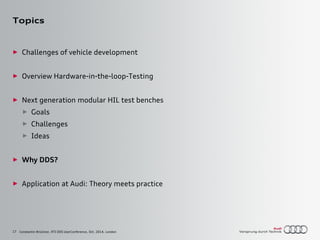 17
Topics
► Challenges of vehicle development
► Overview Hardware-in-the-loop-Testing
► Next generation modular HIL test b...