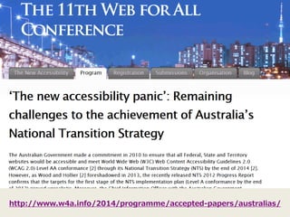 'The new accessibility panic' : Remaining challenges to the achievement of Australia’s National Transition Strategy 
http:...
