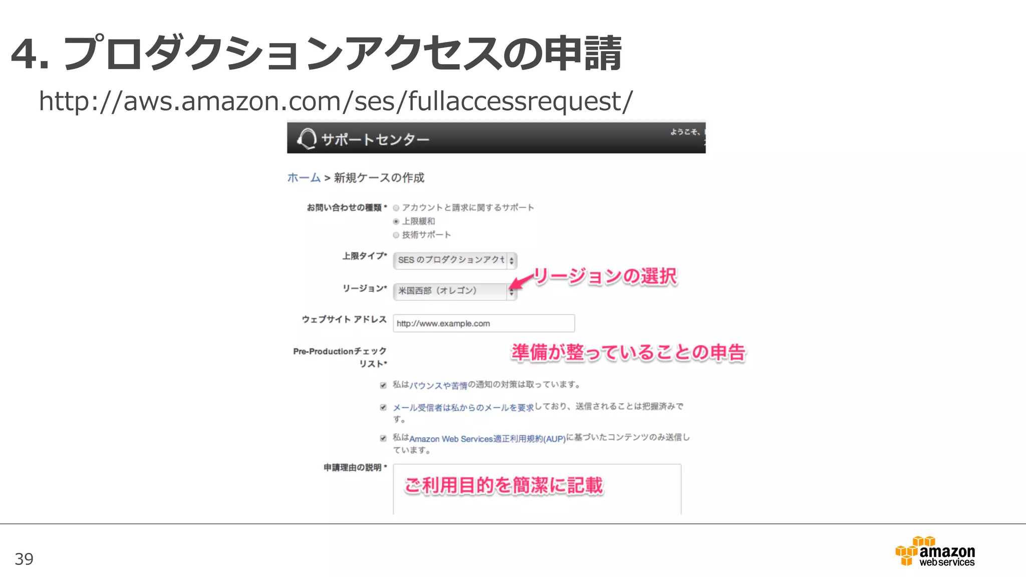 39
4.  プロダクションアクセスの申請
http://aws.amazon.com/ses/fullaccessrequest/
 