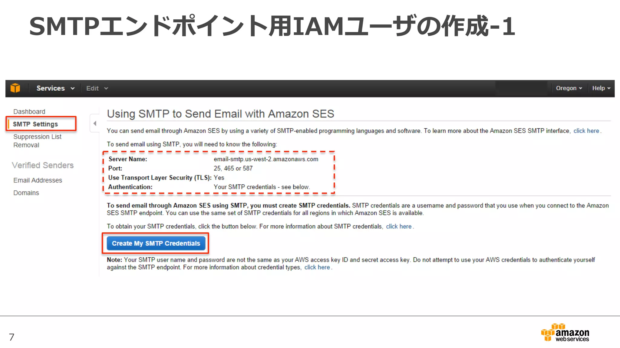 7
SMTPエンドポイント⽤用IAMユーザの作成-‐‑‒1
 
