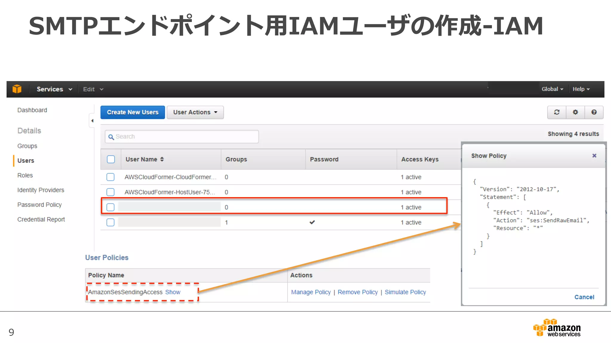 9
SMTPエンドポイント⽤用IAMユーザの作成-‐‑‒IAM
 