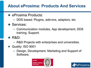 About eProsima: Products And Services
 eProsima Products:
– DDS based: Plugins, add-ons, adaptors, etc
 Services:
– Communication modules, App development, DDS
training, Support.
 R&D:
– R&D Projects with enterprises and universities.
 Quality: ISO 9001
– Design, Development, Marketing and Support of
Software.
 