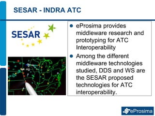 SESAR - INDRA ATC
 eProsima provides
middleware research and
prototyping for ATC
Interoperability
 Among the different
middleware technologies
studied, DDS and WS are
the SESAR proposed
technologies for ATC
interoperability.
 