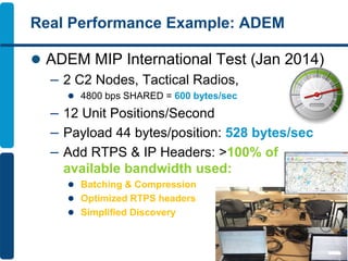 Real Performance Example: ADEM
 ADEM MIP International Test (Jan 2014)
– 2 C2 Nodes, Tactical Radios,
 4800 bps SHARED = 600 bytes/sec
– 12 Unit Positions/Second
– Payload 44 bytes/position: 528 bytes/sec
– Add RTPS & IP Headers: >100% of
available bandwidth used:
 Batching & Compression
 Optimized RTPS headers
 Simplified Discovery
 