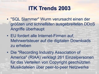 ITK Trends 2003 
• "SQL Slammer" Wurm verursacht einen der 
größten und schnellsten ausgebreiteten DDoS 
Angriffe überhaup...