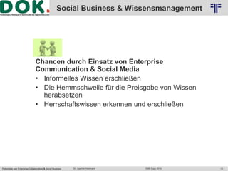 Logo 2 
Social Business & Wissensmanagement 
© PROJECT CONSULT Unternehmensberatung Dr. Ulrich Kampffmeyer GmbH 2011 / Autorenrecht: <Vorname Nachname> Okt-14 / Quelle: PROJECT CONSULT 2 
Chancen durch Einsatz von Enterprise 
Communication & Social Media 
• Informelles Wissen erschließen 
• Die Hemmschwelle für die Preisgabe von Wissen 
herabsetzen 
• Herrschaftswissen erkennen und erschließen 
Potentiale von Enterprise Collaboration & Social Business Dr. Joachim Hartmann DMS Expo 2014 15 
 