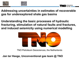 Addressing uncertainties in estimates of recoverable 
gas for underexplored shale gas basins 
Understanding the basic processes of hydraulic 
fracturing, stimulation of natural faults and fractures, 
and induced seismicity using numerical modelling 
TNO Petroleum Geosciences, the Netherlands 
Jan ter Heege, Unconventional gas team @ TNO 
 