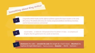 A legendary British leader, led the defense of Britain against the Saxon invaders in the early 
6th century. The details of his story are mainly composed of folklore and literary invention, 
and his historical existence controversial 
round table：a table for 150 people from his father-in-law；a company of 
knights that he gathered in his castle at Camelot. 
Guinevere (his wife)、Lancelot·Du·Lake (his knight & a rival in love)、Mordred (his 
nephew & knight &betrayer)、*Battle of Camlan、Gawaine 、Merlin（tactician） 
 