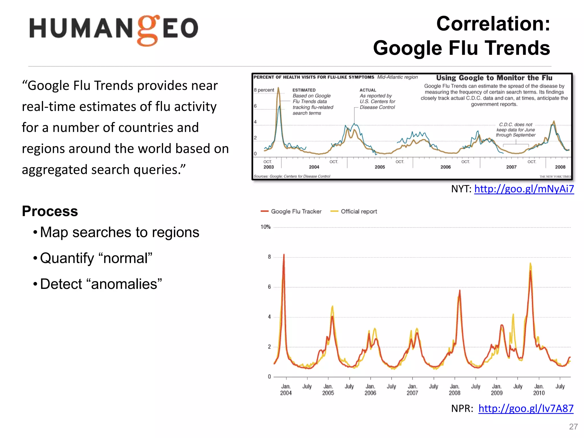 27 
Correlation: 
Box Office Hit Prediction 
“Use of socially generated ‘big 
data’ to access information 
about collective states of the 
minds in human societies has 
become a new paradigm in the 
emerging field of computational 
social science.” 
Simple factors 
• number of total page views 
• number of total edits made 
• number of users editing 
• number of revisions in the 
article's revision history 
Early Prediction of Movie Box Office Success: http://goo.gl/BWf7H1 
Counts of Wikipedia factors correlate to Box Office sales 
 